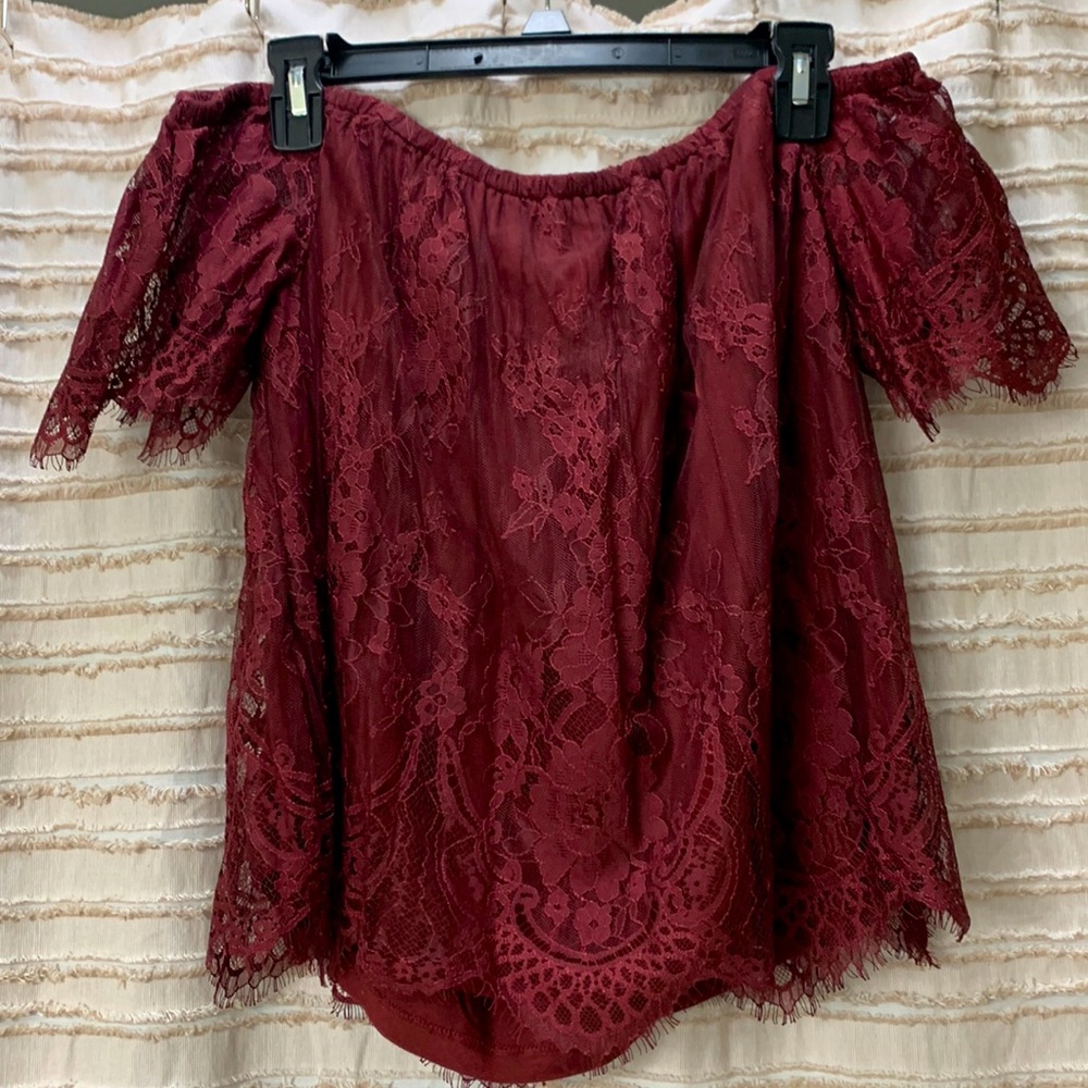 Maroon lace off the shoulder top.